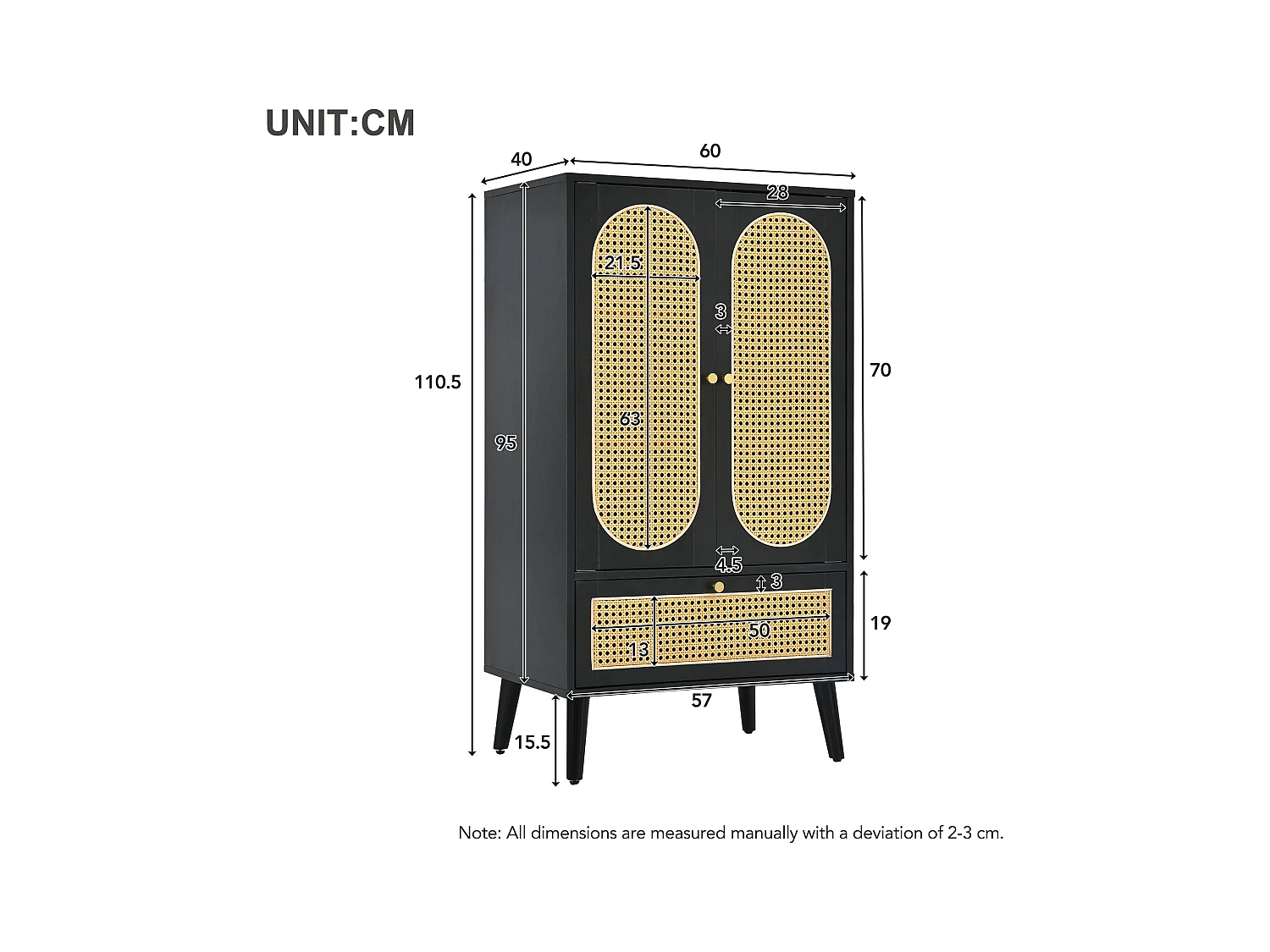 Aparador alto preto em painel de MDF com portas de rattan, 2 portas, 1 gaveta, 60x40x110cm