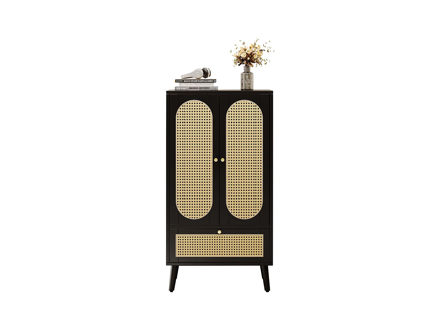 Aparador alto preto em painel de MDF com portas de rattan, 2 portas, 1 gaveta, 60x40x110cm
