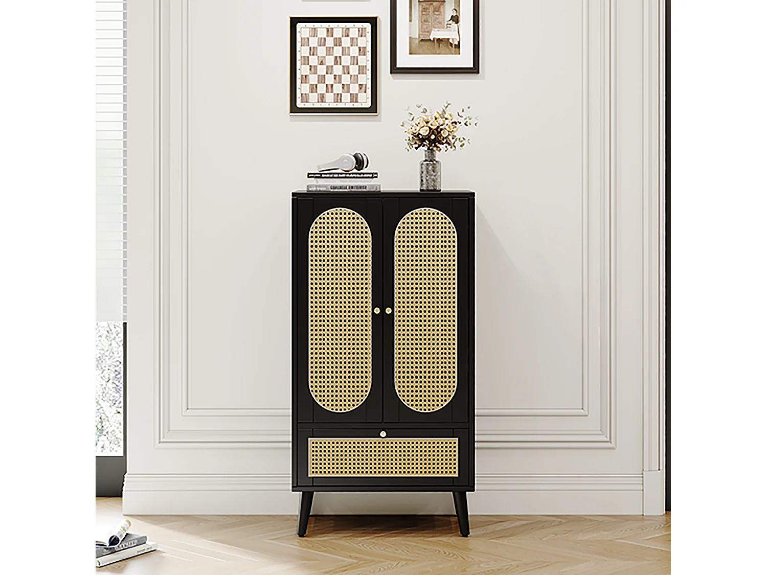 Buffet haut noir en panneau MDF porte rotin 2 porte 1 ripiano 60x40x110 cm