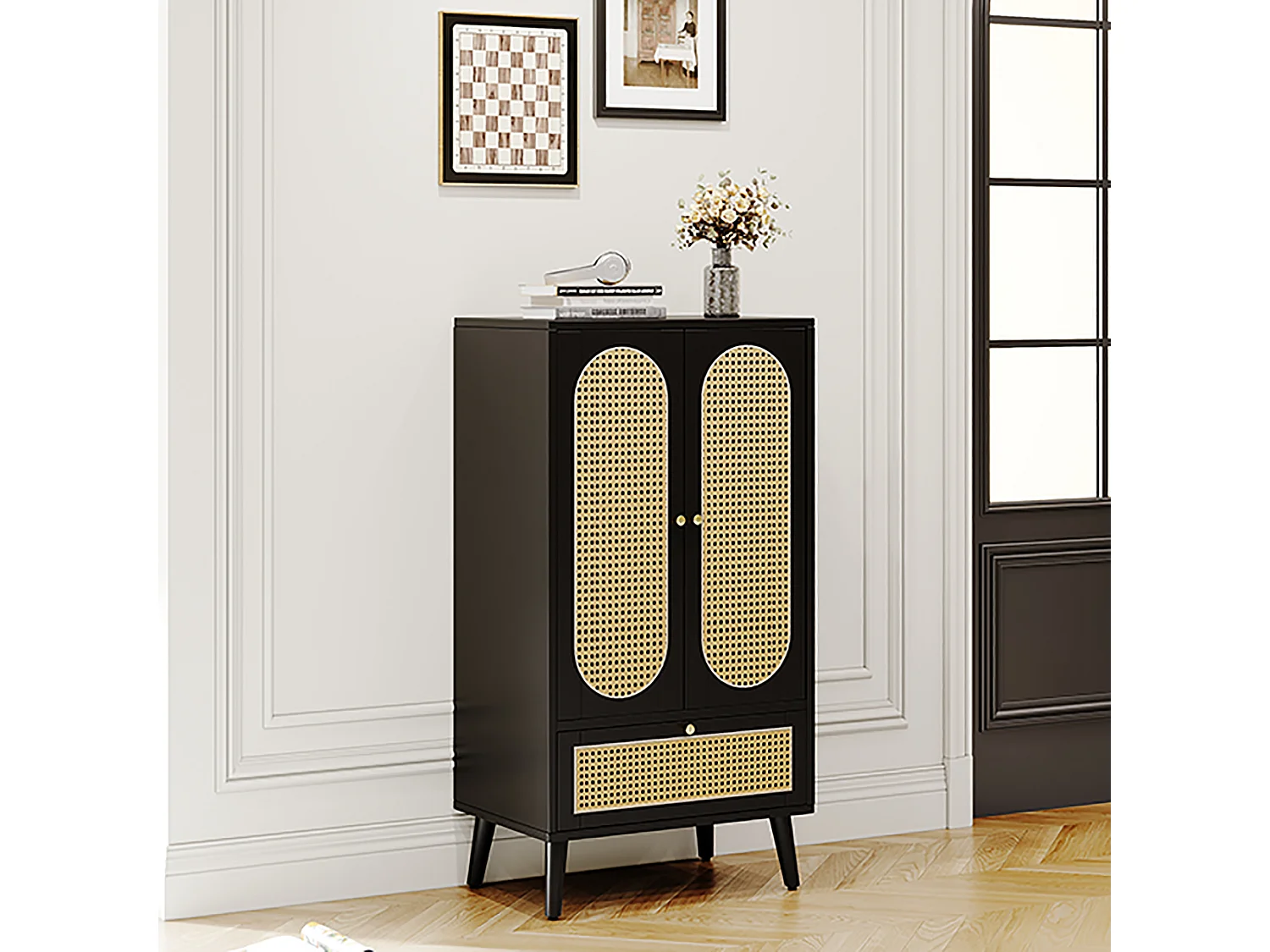 Buffet haut noir en panneau MDF porte rotin 2 porte 1 ripiano 60x40x110 cm