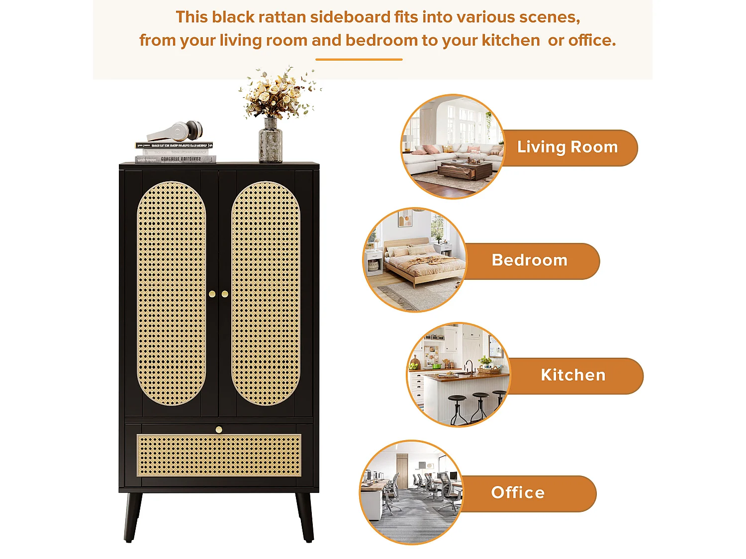 Buffet haut noir en panneau MDF porte rotin 2 porte 1 ripiano 60x40x110 cm