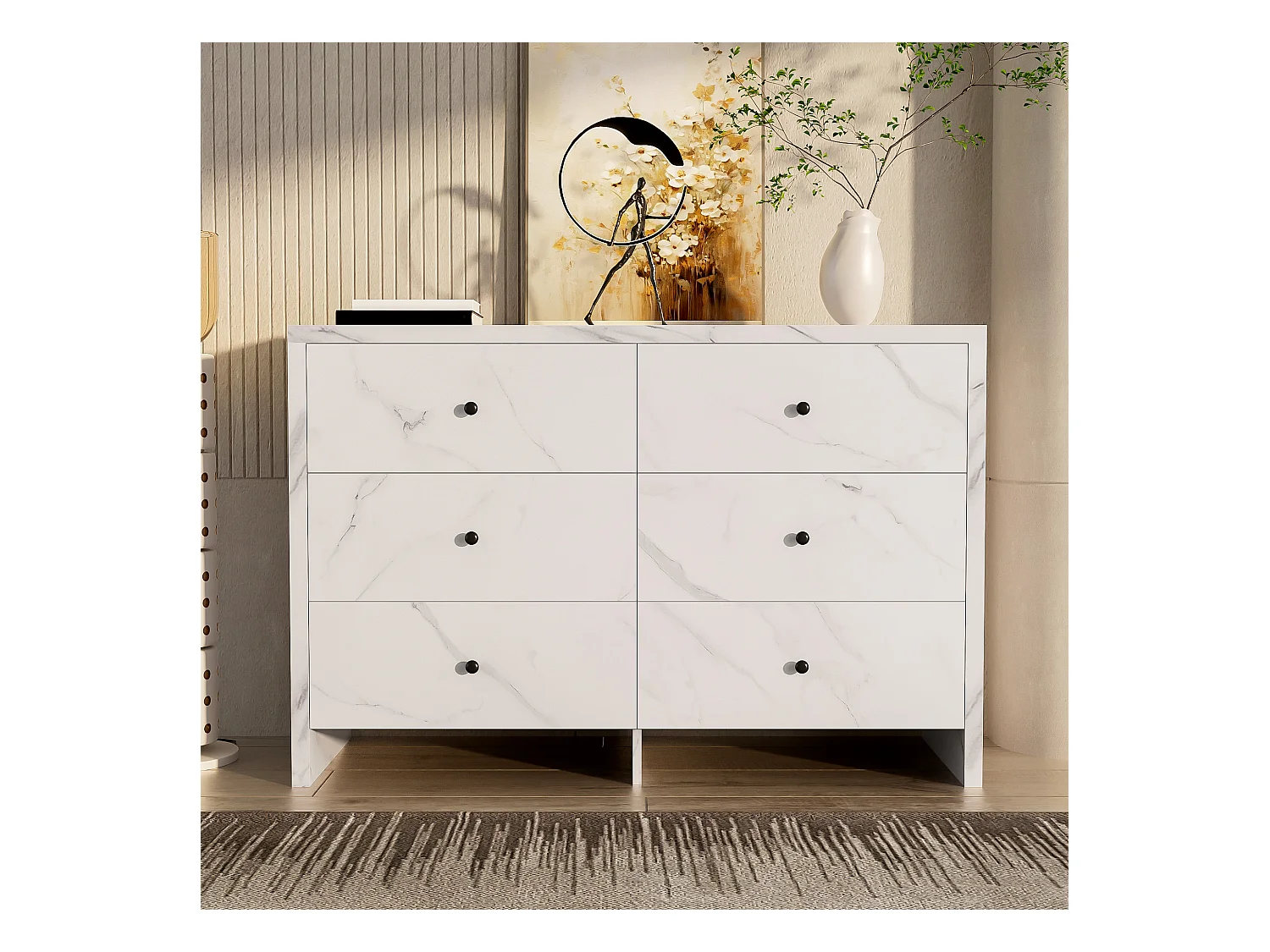 Cômoda com 6 gavetas efeito mármore, painel de madeira, arrumação, quarto, sala, escritório, branco, 120x40x80 cm