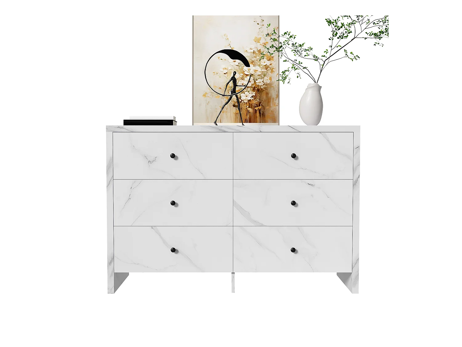 Cômoda com 6 gavetas efeito mármore, painel de madeira, arrumação, quarto, sala, escritório, branco, 120x40x80 cm