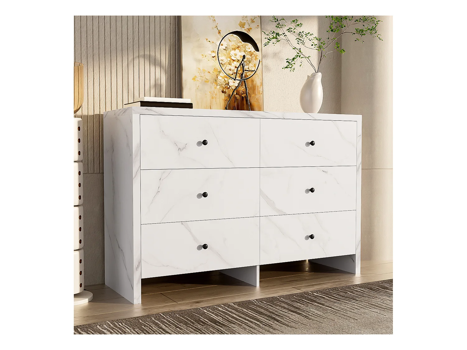 Cômoda com 6 gavetas efeito mármore, painel de madeira, arrumação, quarto, sala, escritório, branco, 120x40x80 cm