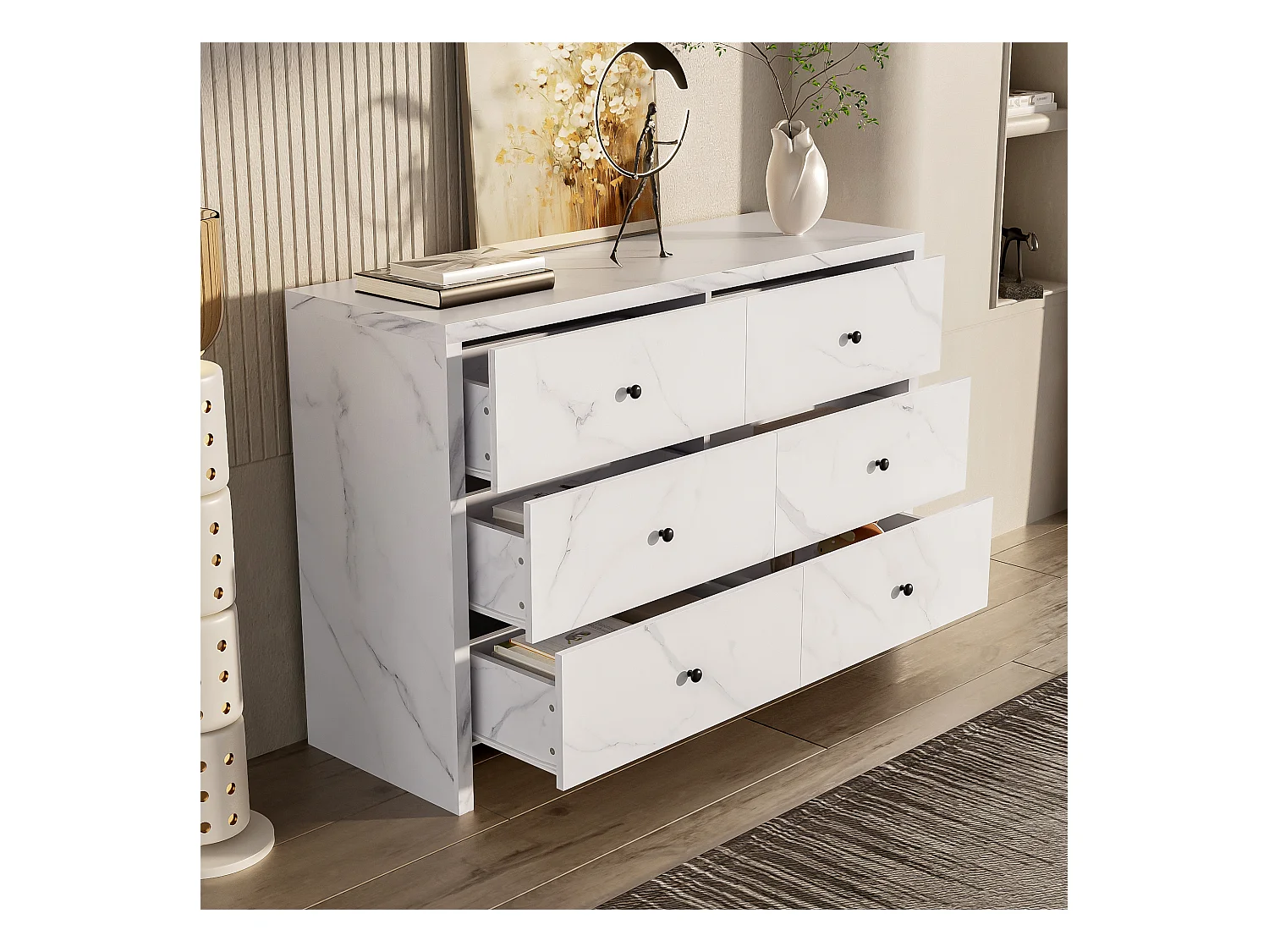 Cômoda com 6 gavetas efeito mármore, painel de madeira, arrumação, quarto, sala, escritório, branco, 120x40x80 cm