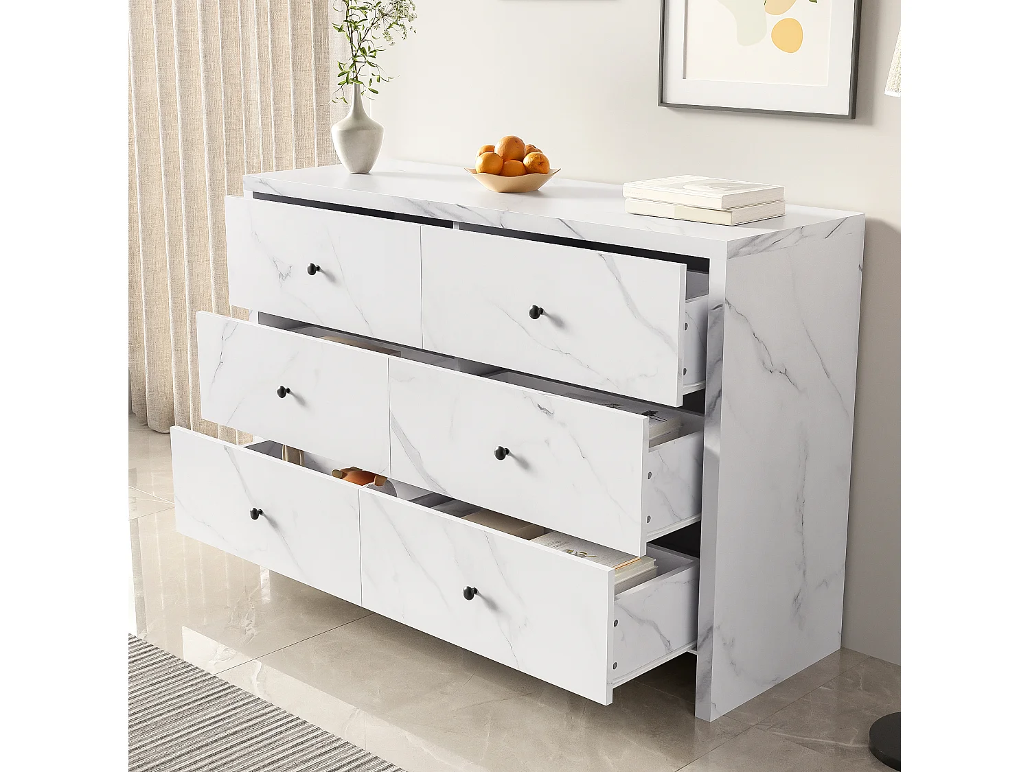 Cômoda com 6 gavetas efeito mármore, painel de madeira, arrumação, quarto, sala, escritório, branco, 120x40x80 cm