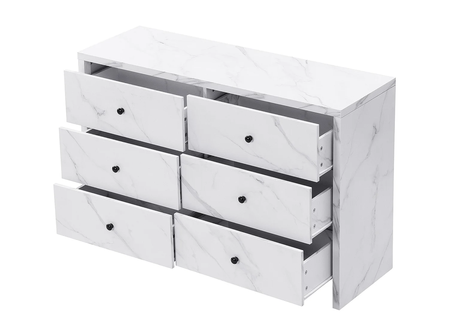 Cômoda com 6 gavetas efeito mármore, painel de madeira, arrumação, quarto, sala, escritório, branco, 120x40x80 cm