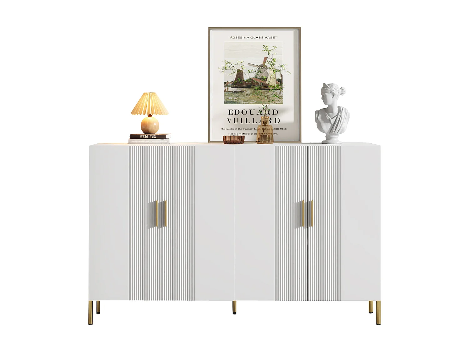 Aparador alto em madeira branca mate com 4 portas, design em metal dourado, sala de estar, sala de jantar, 160 x 100 cm