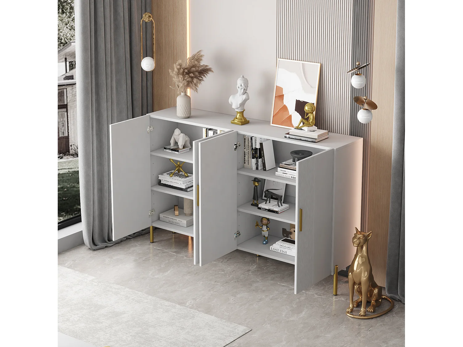 Aparador alto em madeira branca mate com 4 portas, design em metal dourado, sala de estar, sala de jantar, 160 x 100 cm