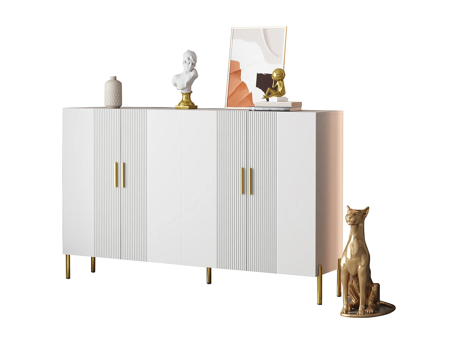 Aparador alto em madeira branca mate com 4 portas, design em metal dourado, sala de estar, sala de jantar, 160 x 100 cm