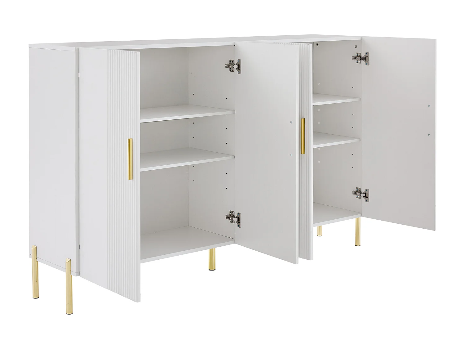 Aparador alto em madeira branca mate com 4 portas, design em metal dourado, sala de estar, sala de jantar, 160 x 100 cm