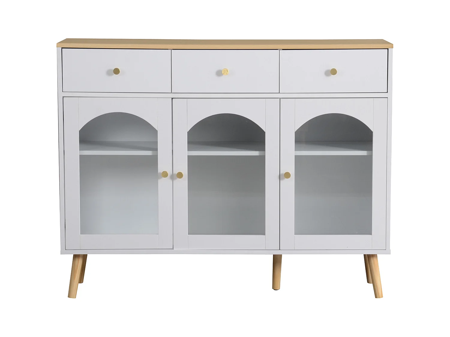 Aparador de madeira branca 120cm em painéis com portas e gavetas em arco para sala de estar e jantar