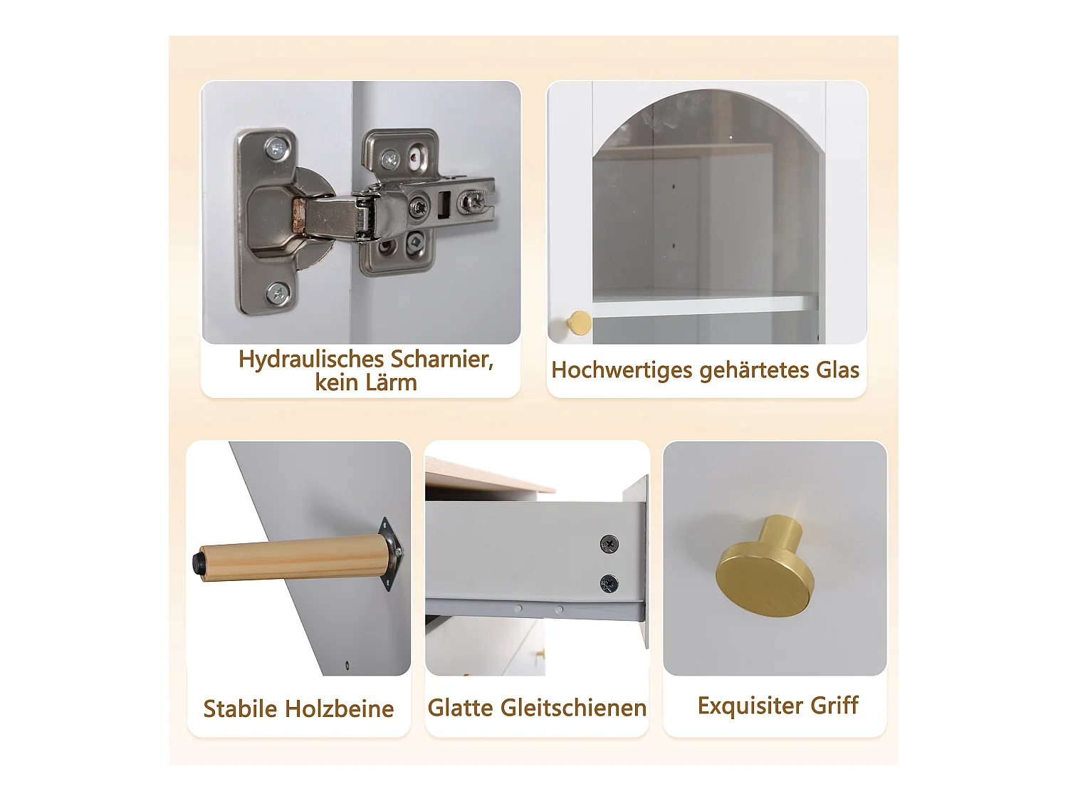 Aparador de madeira branca 120cm em painéis com portas e gavetas em arco para sala de estar e jantar