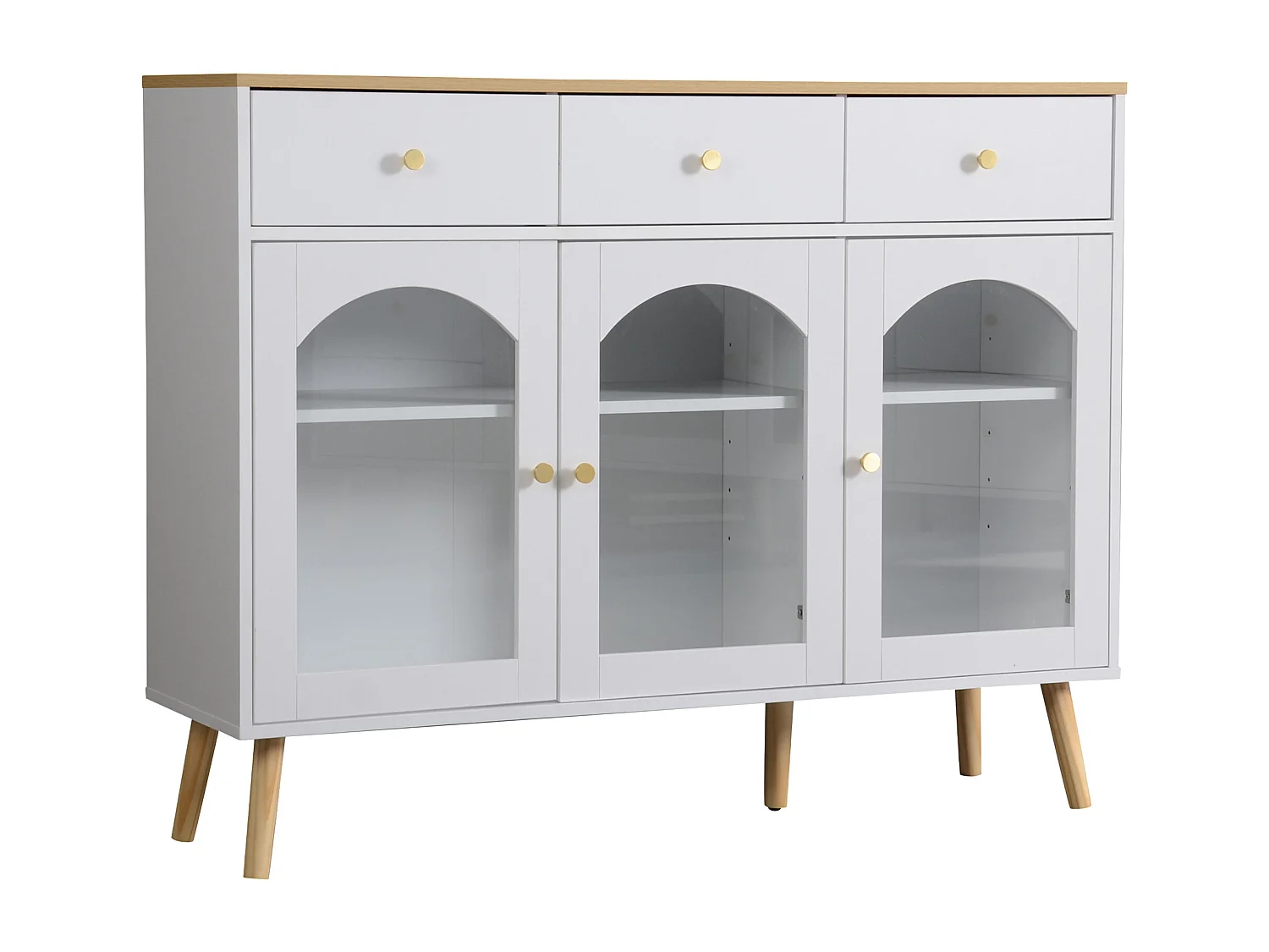 Aparador de madeira branca 120cm em painéis com portas e gavetas em arco para sala de estar e jantar