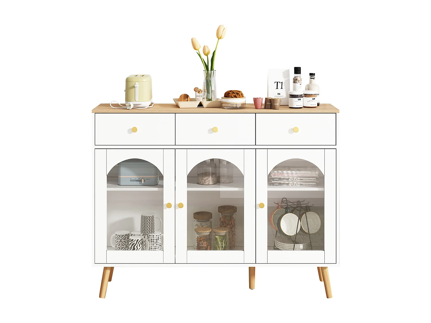 Aparador de madeira branca 120cm em painéis com portas e gavetas em arco para sala de estar e jantar