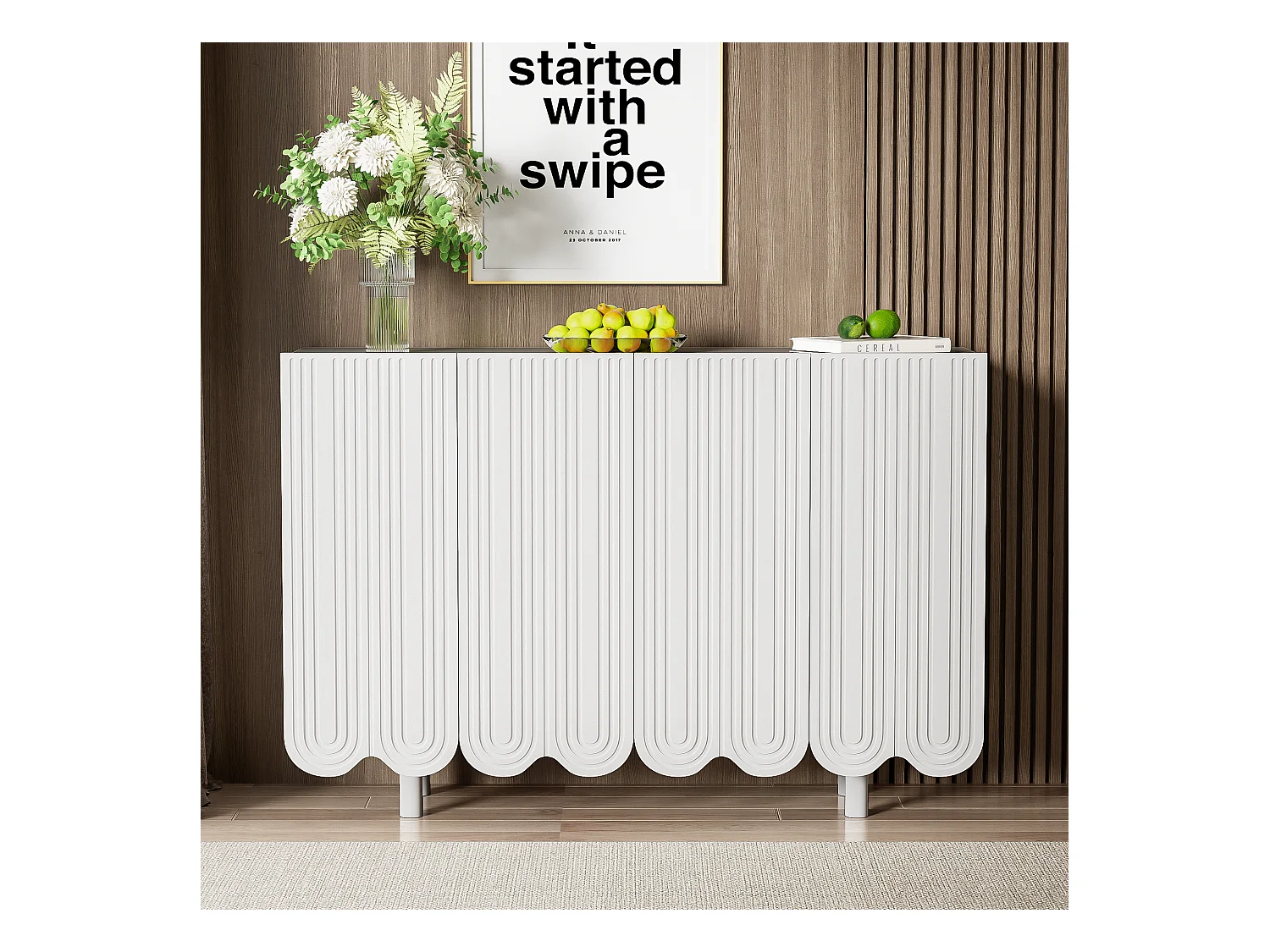 Buffet bianco MDF scolpito 120x80 cm 4 porte design moderno rangement salon