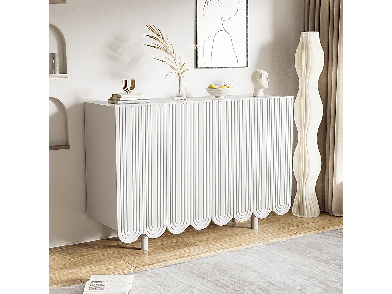 Aparador em MDF branco esculpido 120x80 cm 4 portas design moderno sala de estar armazenamento