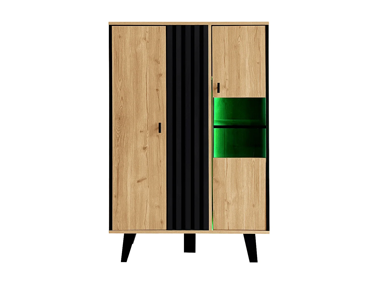 Armário de exposição LED com painel de madeira, armazenamento moderno para sala de estar, 2 portas, madeira preta, 80x120x40 cm