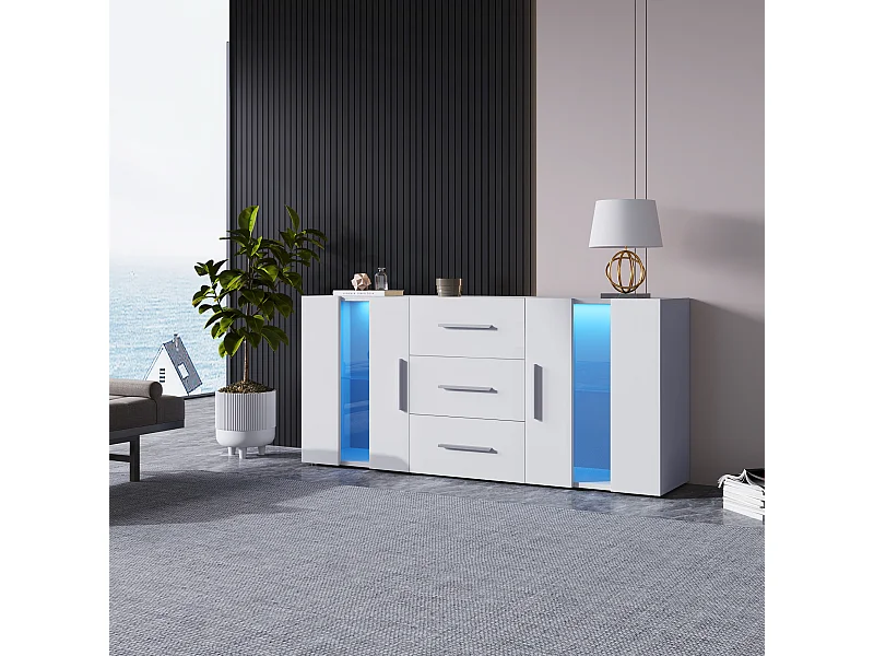 Mueble de TV moderno de MDF con LED, 55 pulgadas, para salón, blanco transparente, 140 x 35 x 70 cm