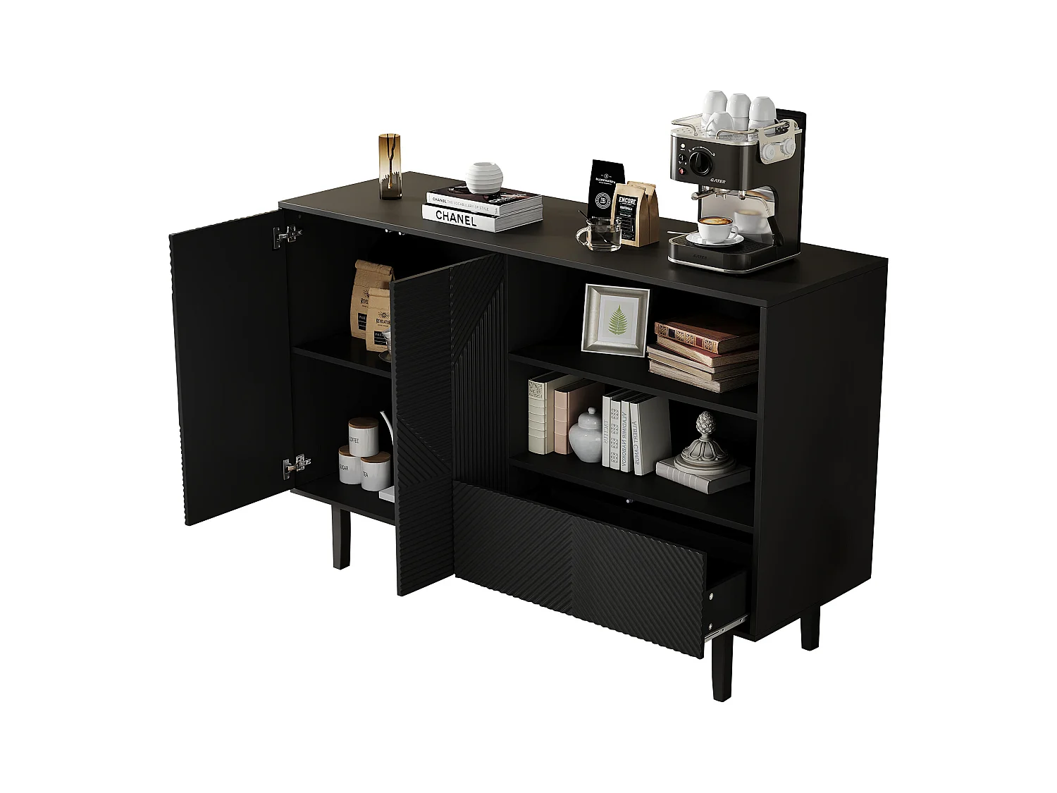 Aparador negro mate de 125 cm en madera ondulada, estilo moderno, con cajón de almacenamiento y puerta para entrada de salón, 80 kg