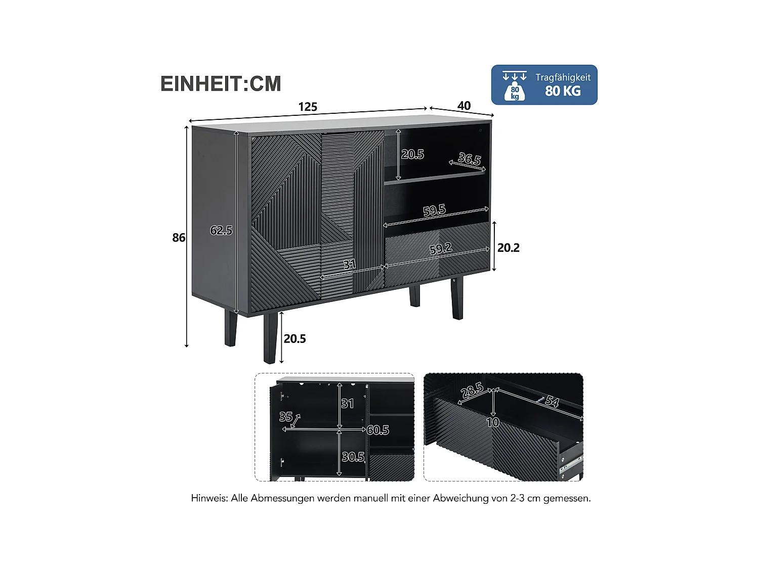 Aparador negro mate de 125 cm en madera ondulada, estilo moderno, con cajón de almacenamiento y puerta para entrada de salón, 80 kg
