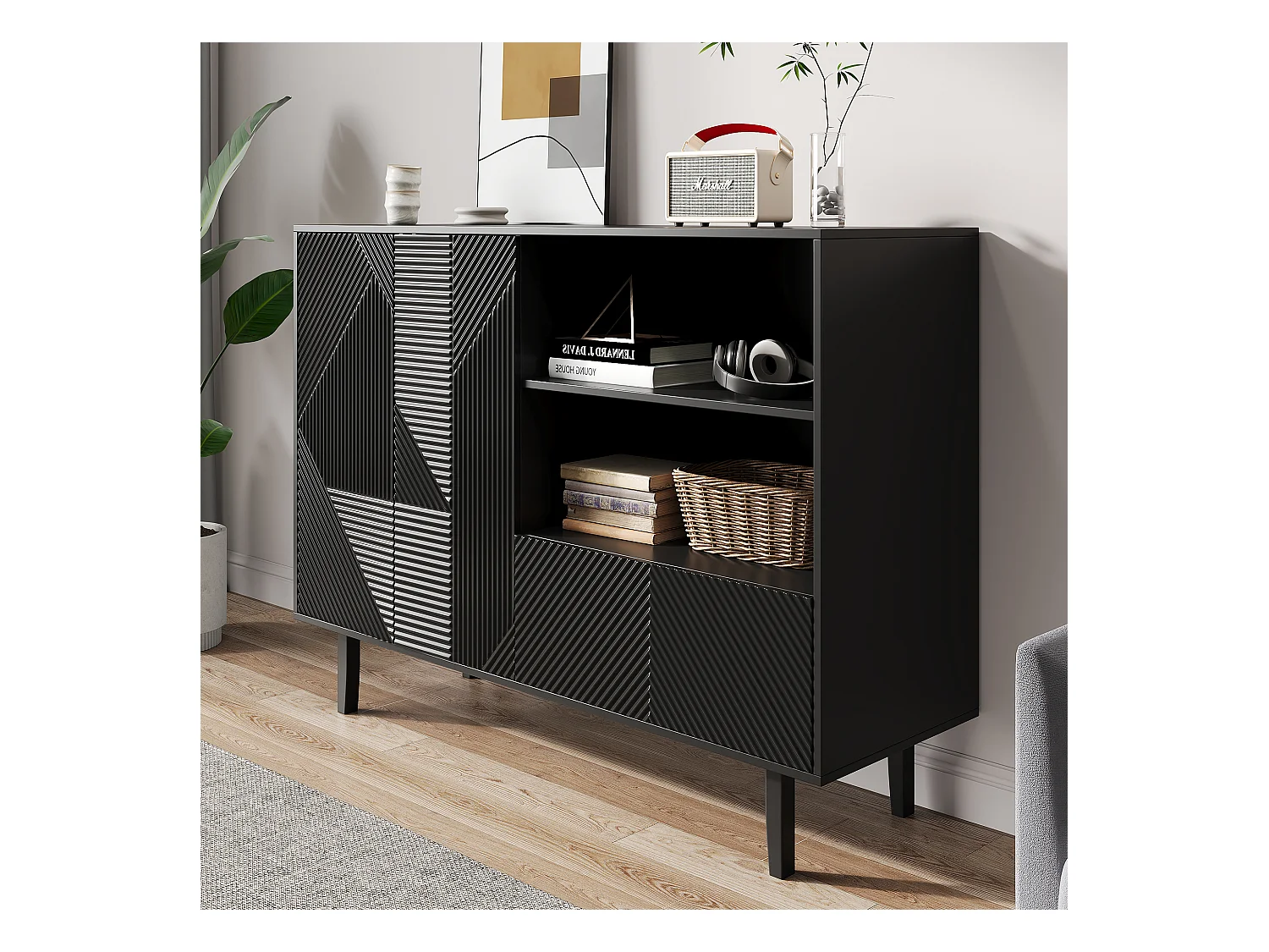 Aparador negro mate de 125 cm en madera ondulada, estilo moderno, con cajón de almacenamiento y puerta para entrada de salón, 80 kg
