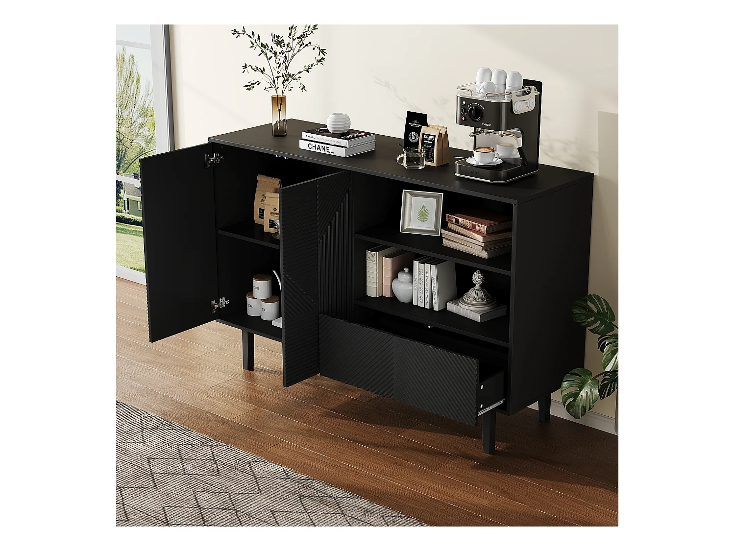 Aparador negro mate de 125 cm en madera ondulada, estilo moderno, con cajón de almacenamiento y puerta para entrada de salón, 80 kg
