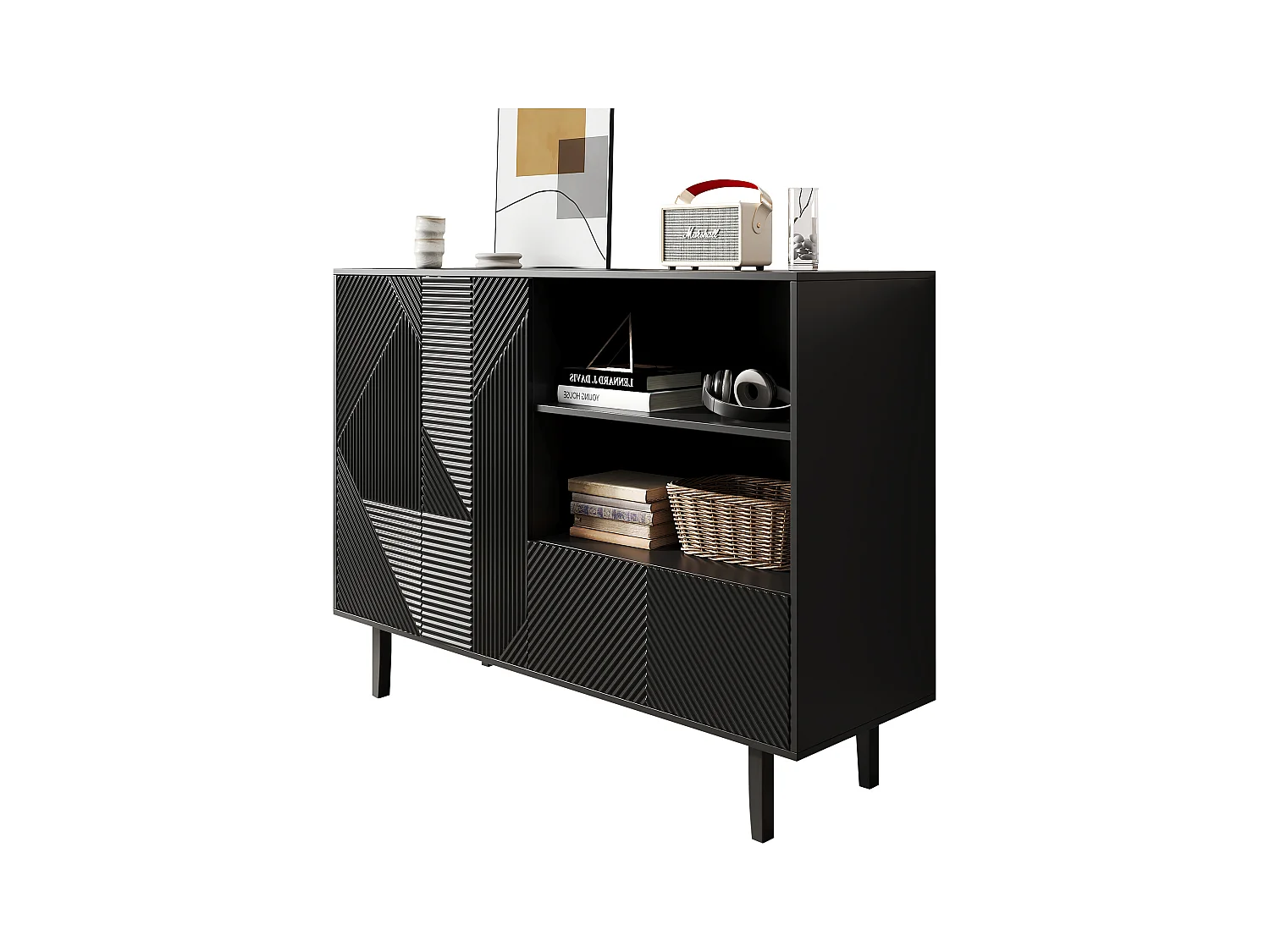 Aparador negro mate de 125 cm en madera ondulada, estilo moderno, con cajón de almacenamiento y puerta para entrada de salón, 80 kg