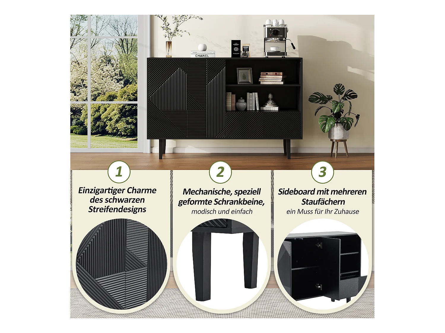 Aparador negro mate de 125 cm en madera ondulada, estilo moderno, con cajón de almacenamiento y puerta para entrada de salón, 80 kg