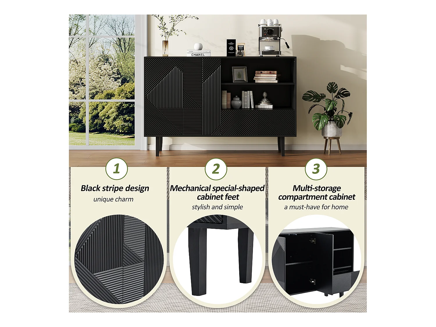 Aparador negro mate de 125 cm en madera ondulada, estilo moderno, con cajón de almacenamiento y puerta para entrada de salón, 80 kg