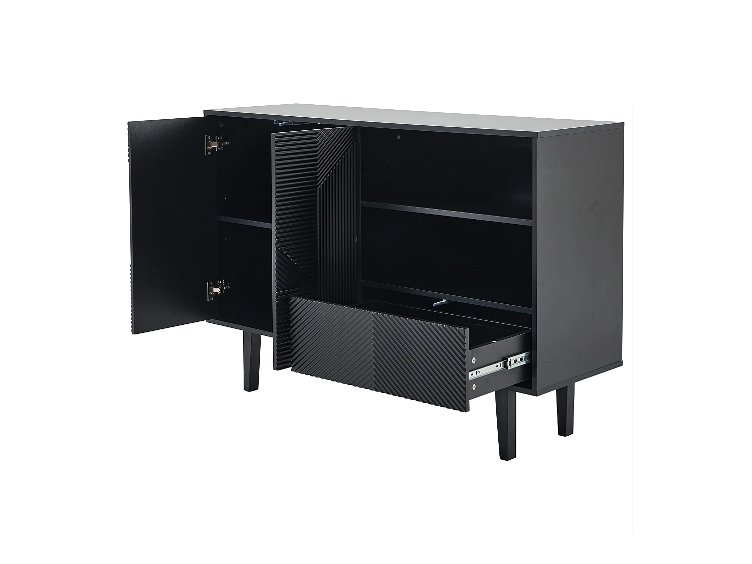 Aparador negro mate de 125 cm en madera ondulada, estilo moderno, con cajón de almacenamiento y puerta para entrada de salón, 80 kg