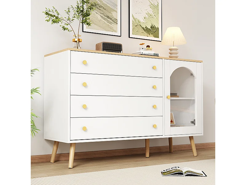 Cômoda branca com painéis de madeira, 120 cm, 4 gavetas, arrumação para quarto, sala de estar, escritório