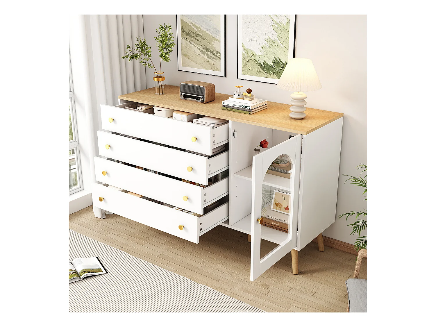 Cômoda branca com painéis de madeira, 120 cm, 4 gavetas, arrumação para quarto, sala de estar, escritório