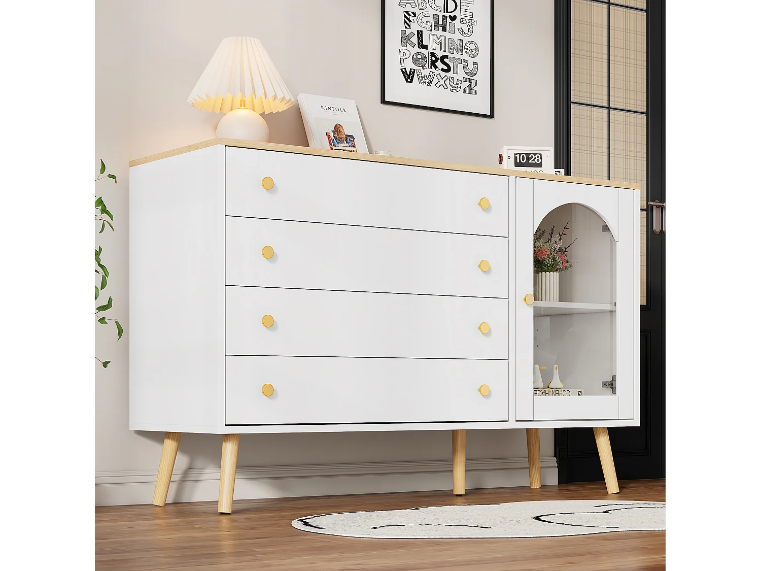 Cômoda branca com painéis de madeira, 120 cm, 4 gavetas, arrumação para quarto, sala de estar, escritório