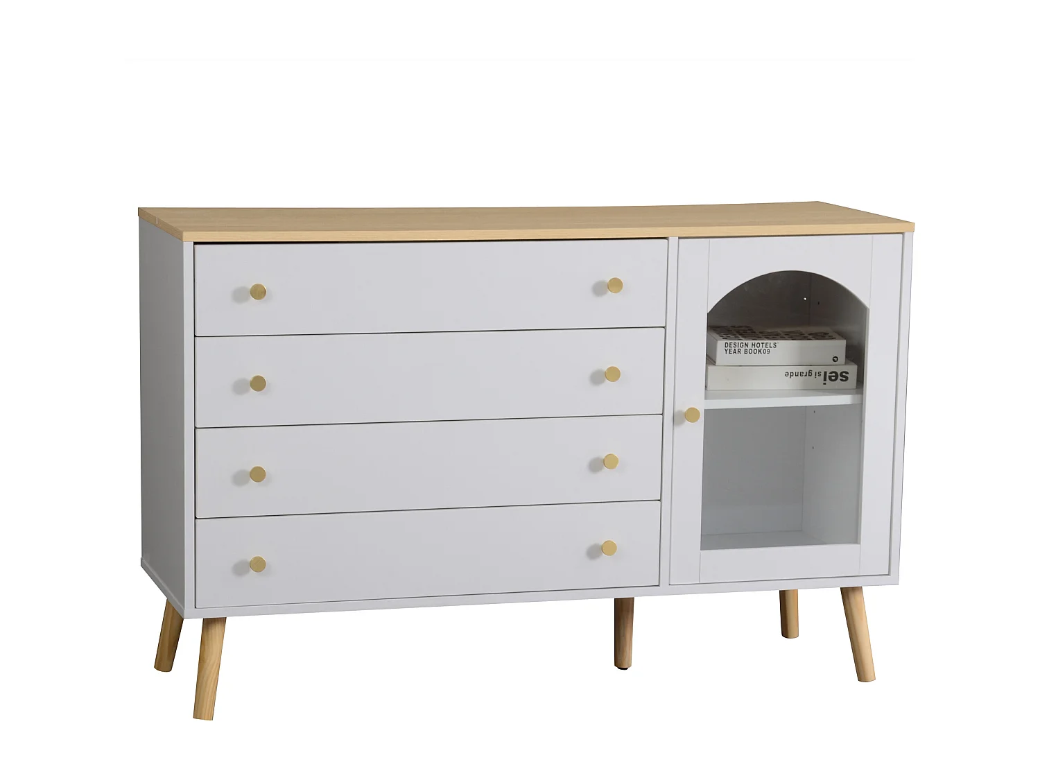 Cômoda branca com painéis de madeira, 120 cm, 4 gavetas, arrumação para quarto, sala de estar, escritório