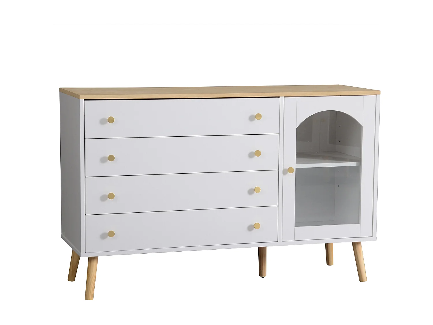 Cômoda branca com painéis de madeira, 120 cm, 4 gavetas, arrumação para quarto, sala de estar, escritório