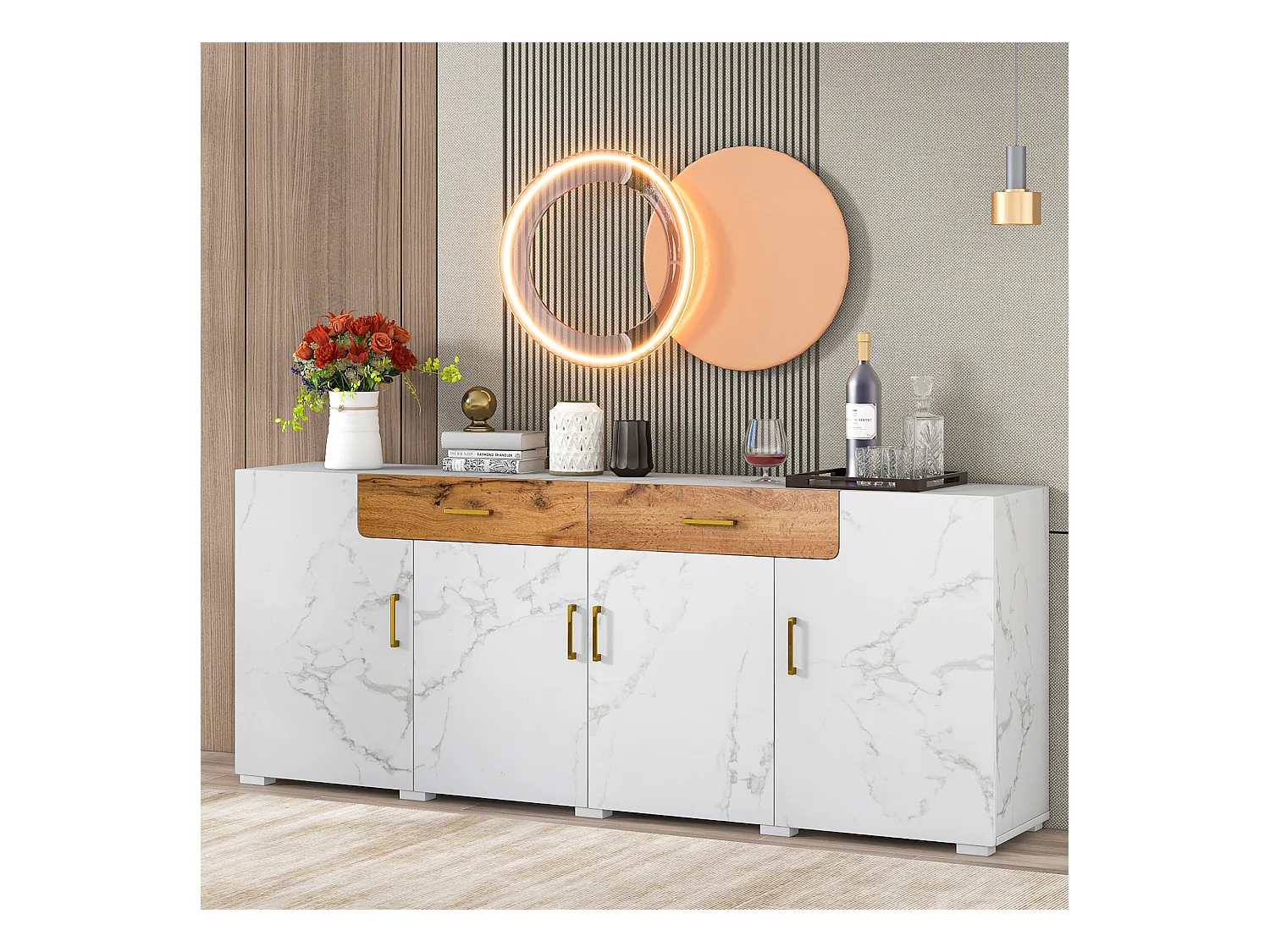 Aparador de MDF efecto mármol blanco para almacenaje de cocina y salón 208x39,5x80 cm 4 puertas 2 cajones