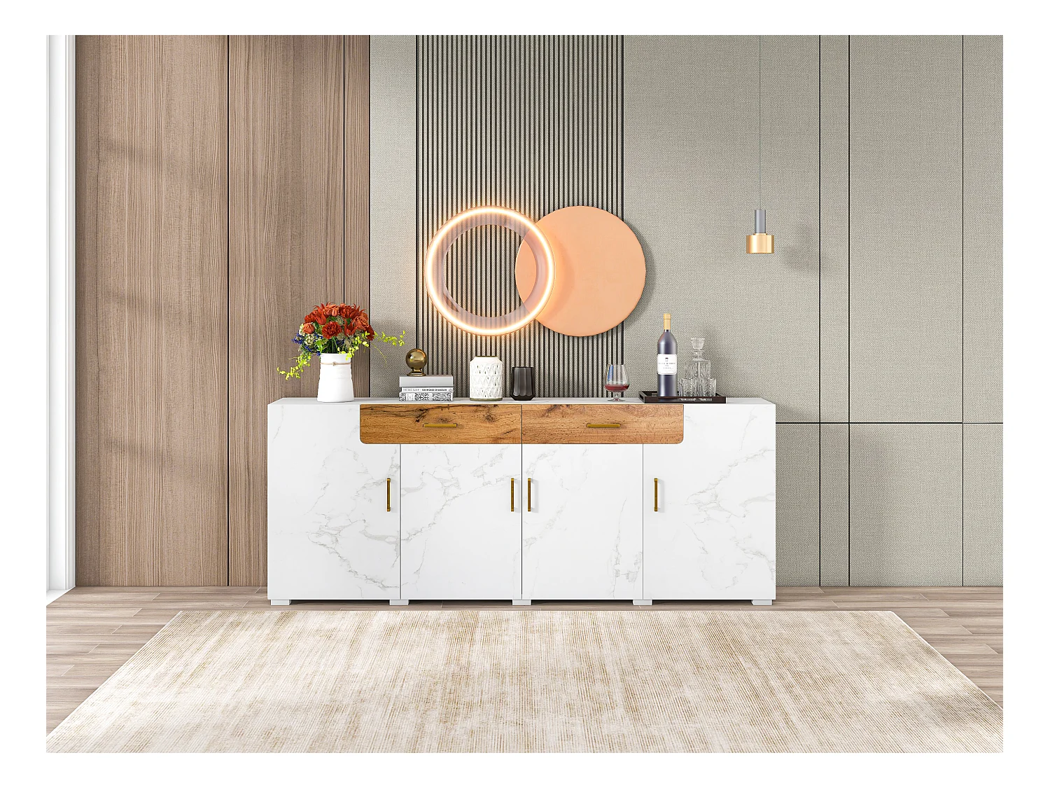 Aparador de MDF efecto mármol blanco para almacenaje de cocina y salón 208x39,5x80 cm 4 puertas 2 cajones