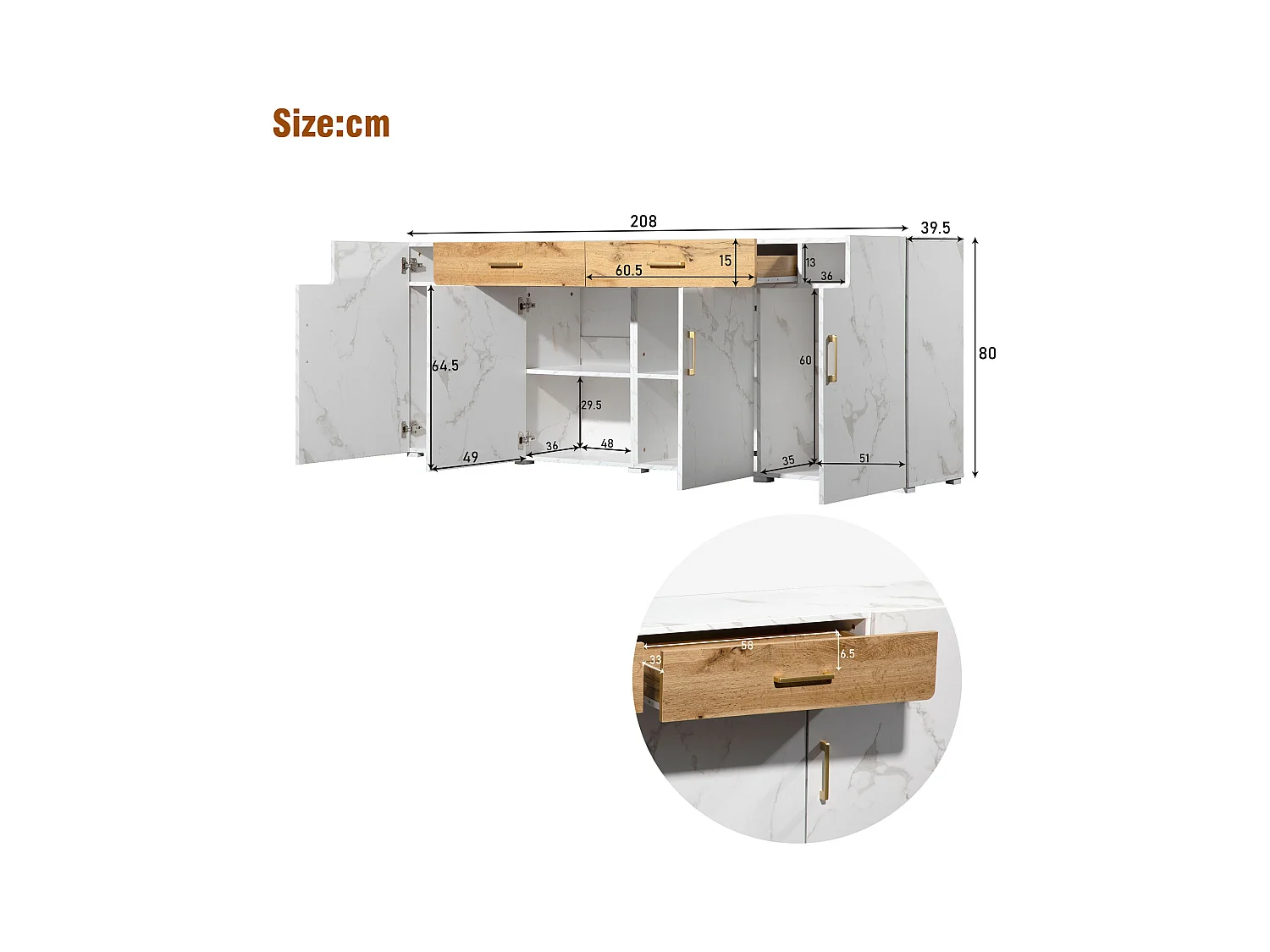 Aparador de MDF efecto mármol blanco para almacenaje de cocina y salón 208x39,5x80 cm 4 puertas 2 cajones