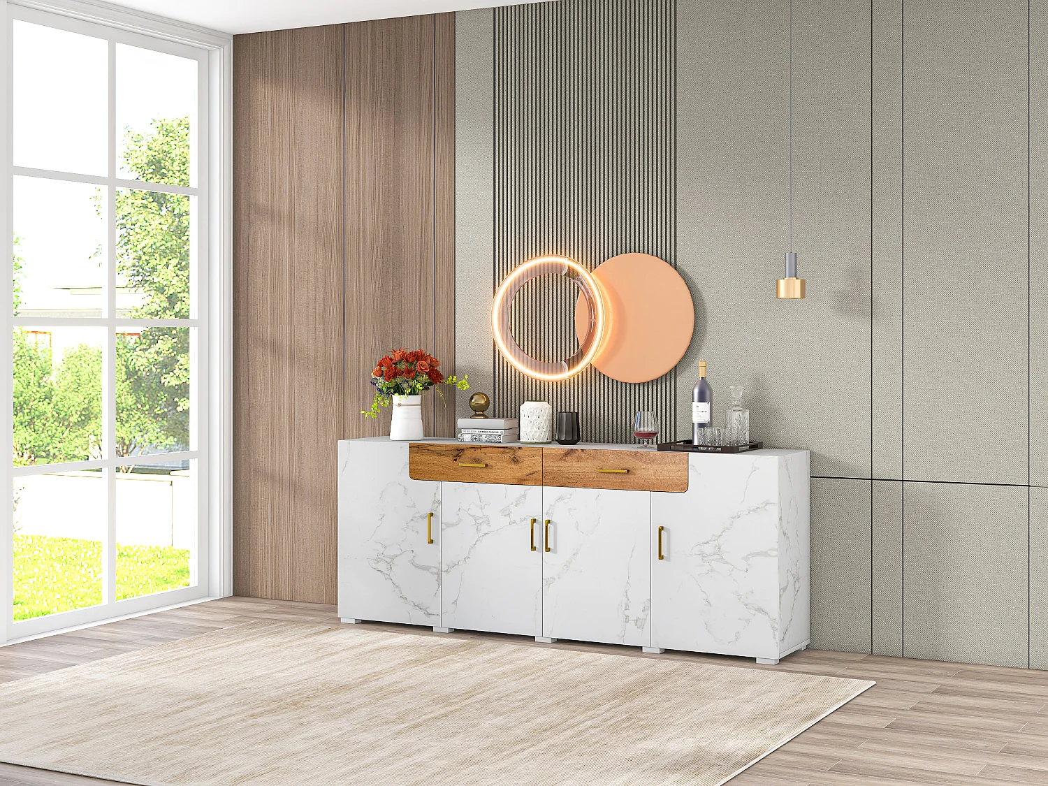 Aparador de MDF efecto mármol blanco para almacenaje de cocina y salón 208x39,5x80 cm 4 puertas 2 cajones