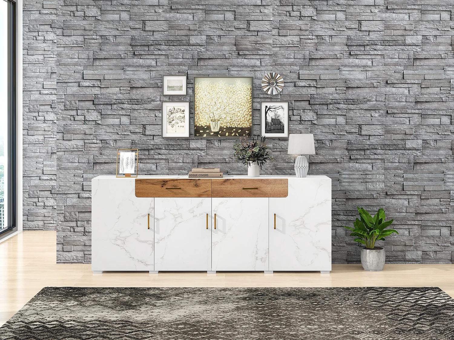 Aparador de MDF efecto mármol blanco para almacenaje de cocina y salón 208x39,5x80 cm 4 puertas 2 cajones