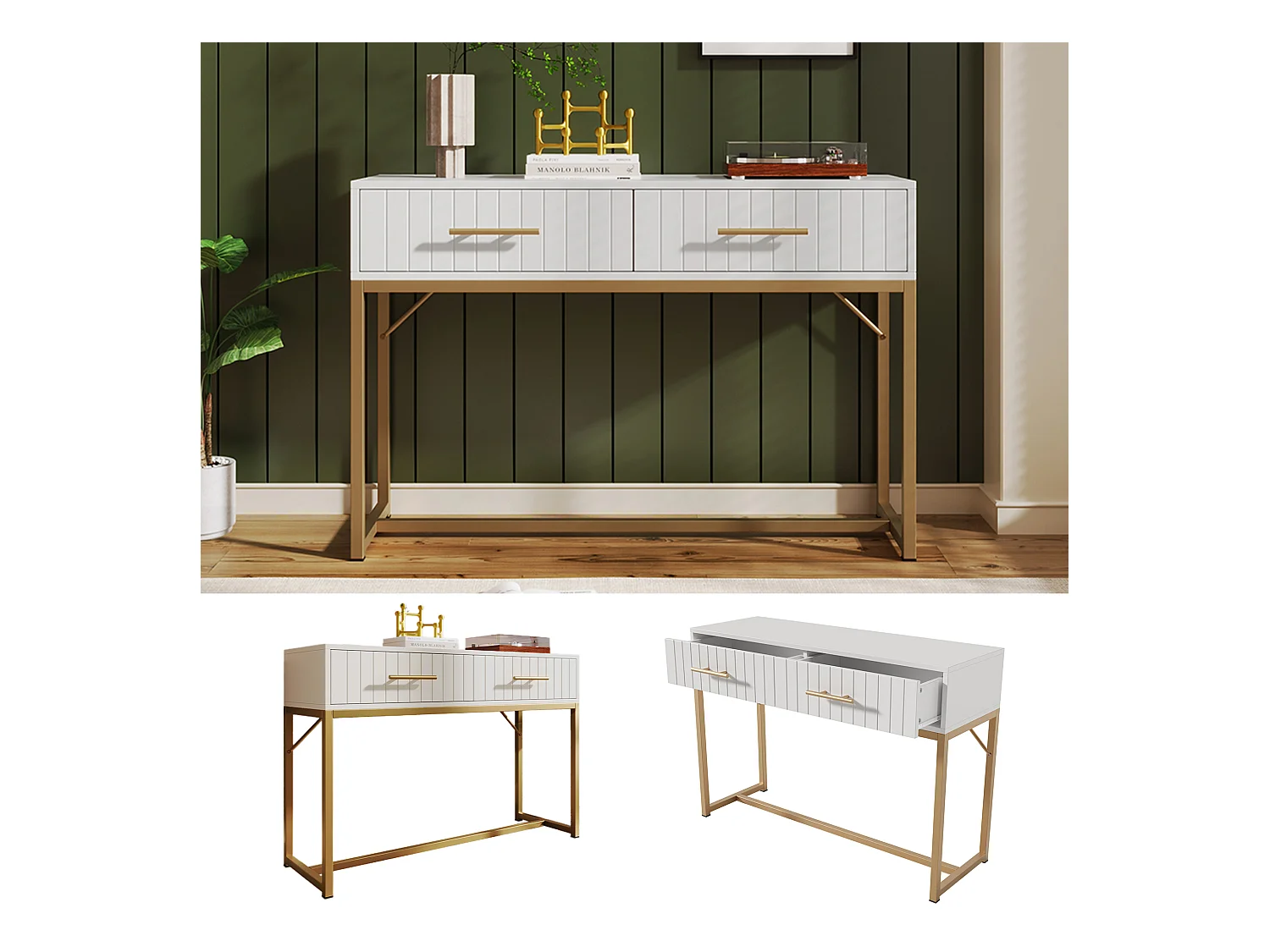 Coiffeuse design moderne bois blanc 2 cassetti camera con piedini in metallo 100x45x75 cm