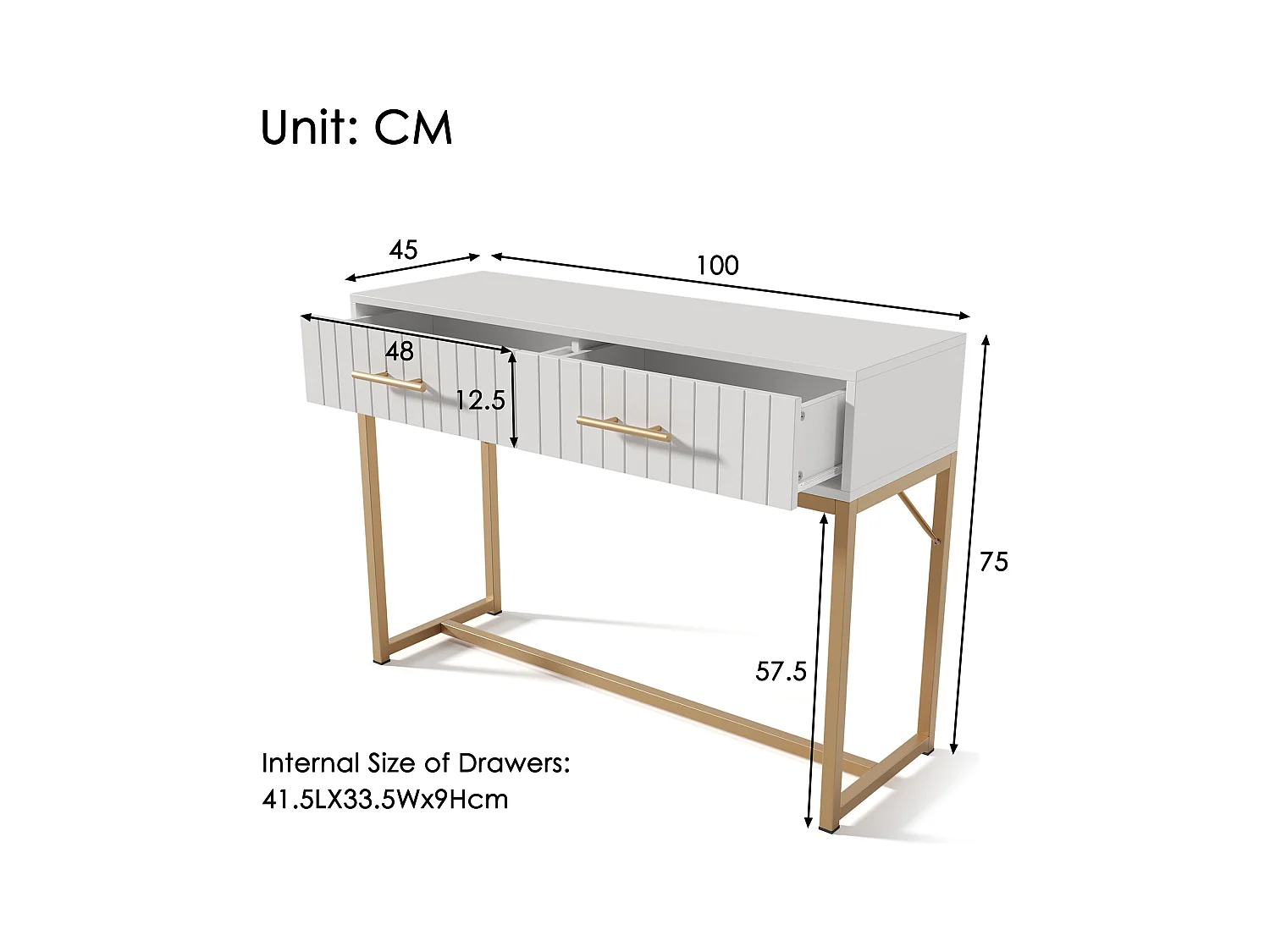 Coiffeuse design moderne bois blanc 2 cassetti camera con piedini in metallo 100x45x75 cm