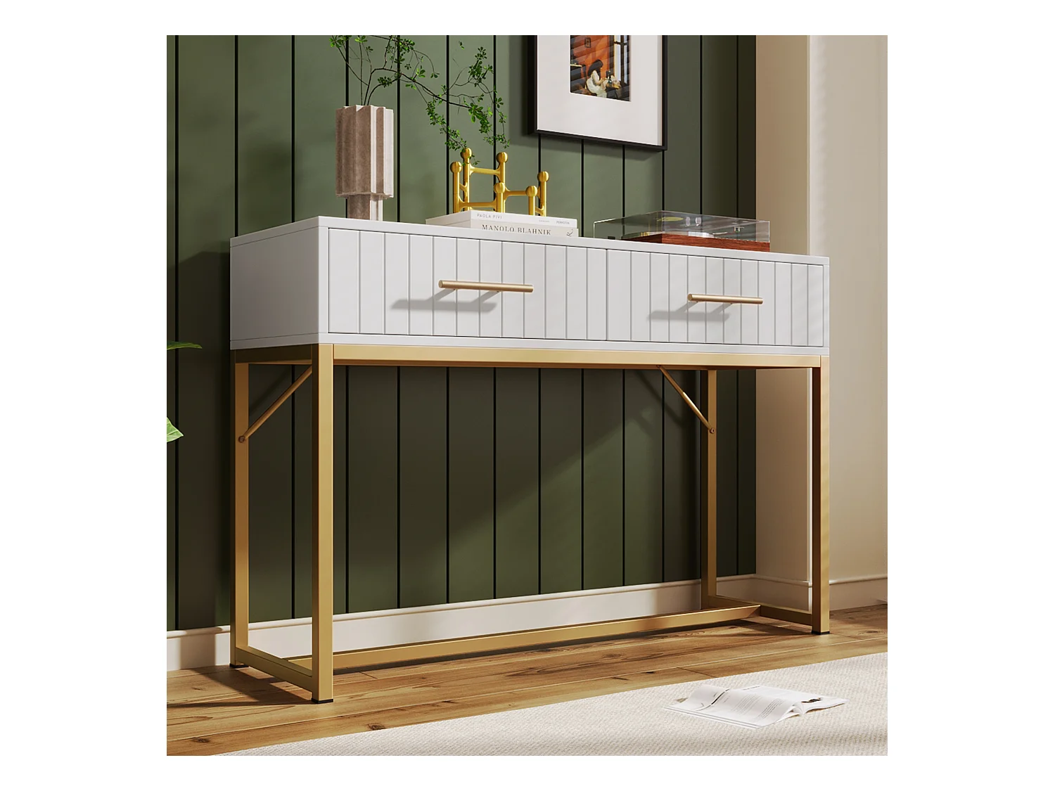 Coiffeuse design moderne bois blanc 2 cassetti camera con piedini in metallo 100x45x75 cm