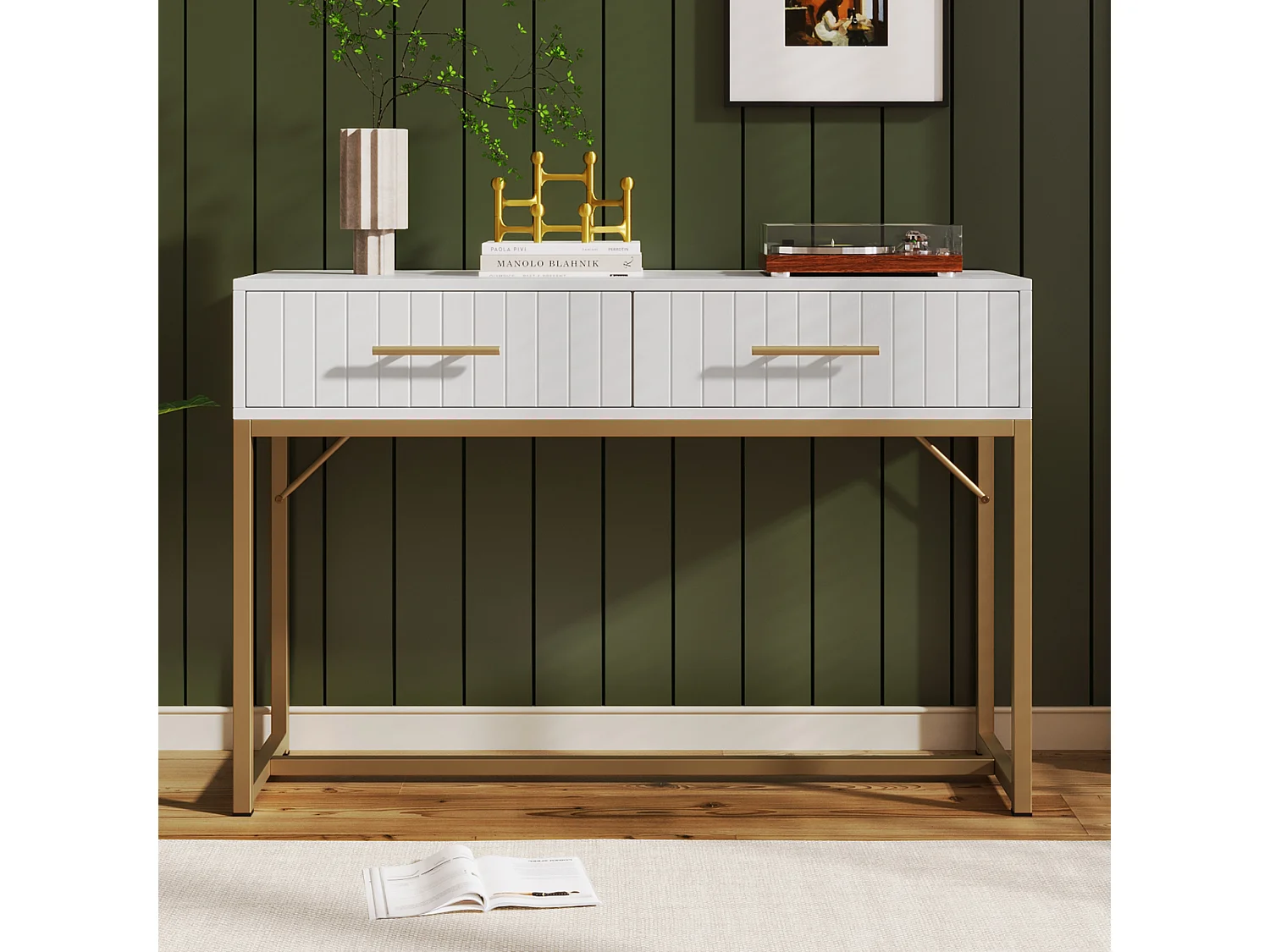 Coiffeuse design moderne bois blanc 2 cassetti camera con piedini in metallo 100x45x75 cm