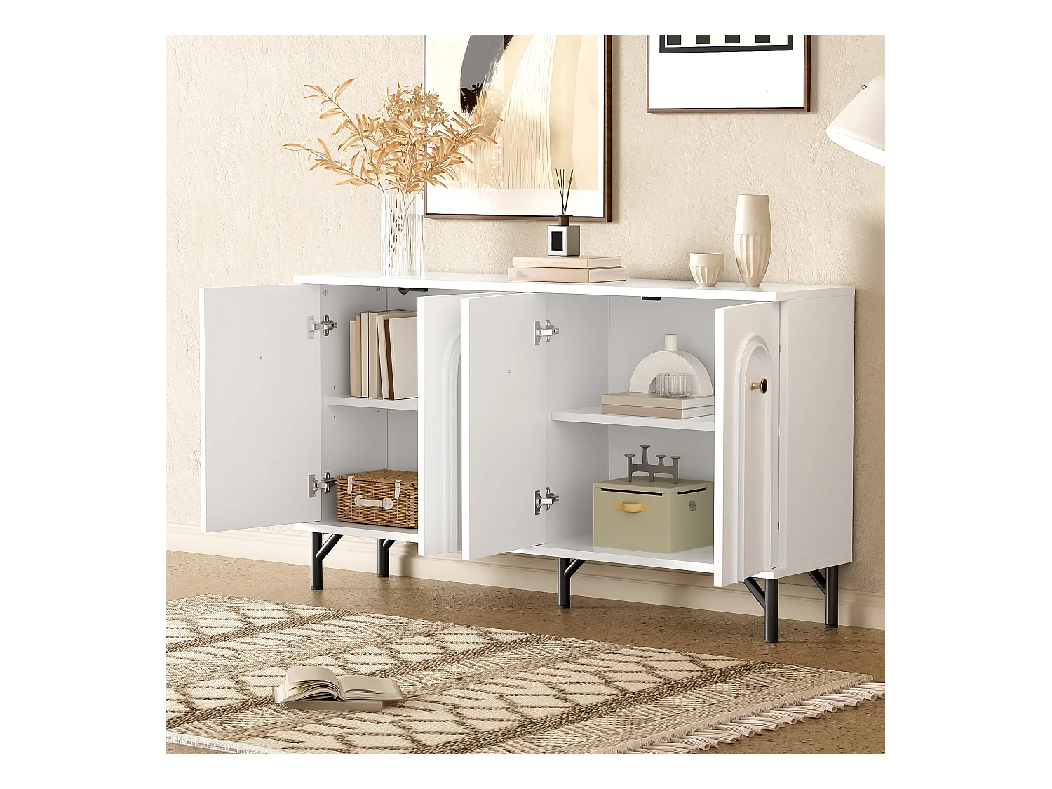 Buffet 4 porte panneau bois design 3D rangement salon salle à manger blanc 140x34x78 cm