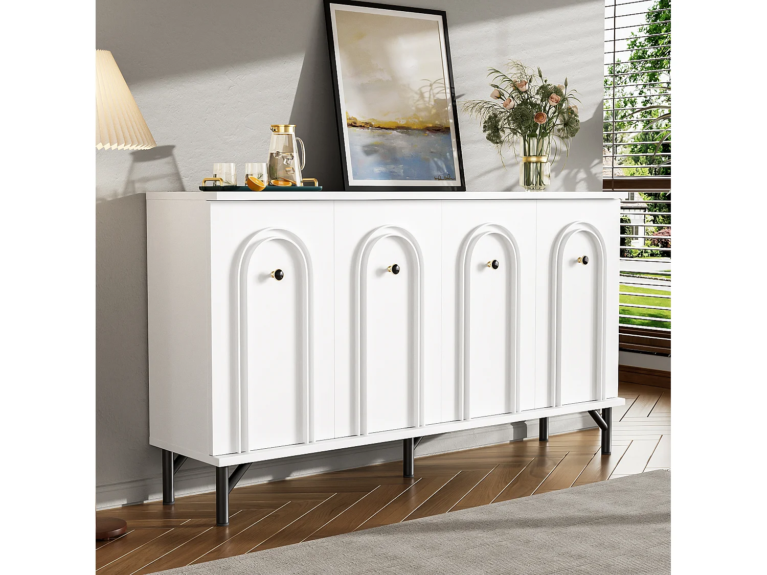 Buffet 4 porte panneau bois design 3D rangement salon salle à manger blanc 140x34x78 cm