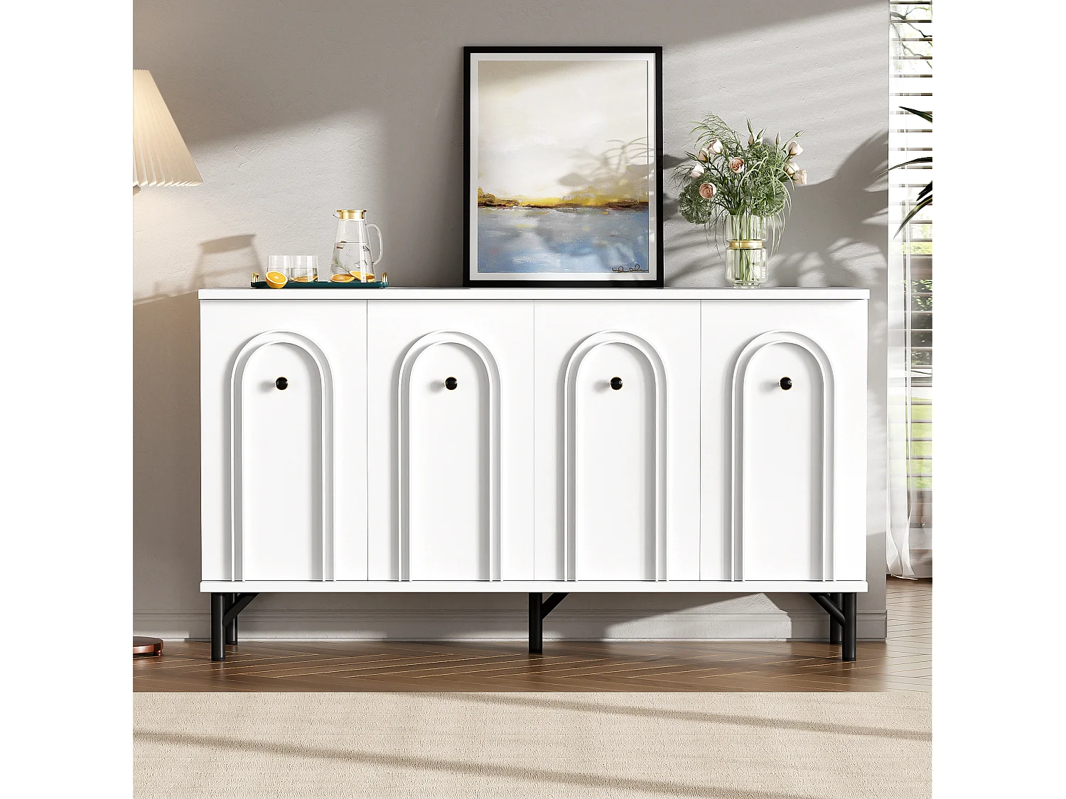 Buffet 4 porte panneau bois design 3D rangement salon salle à manger blanc 140x34x78 cm