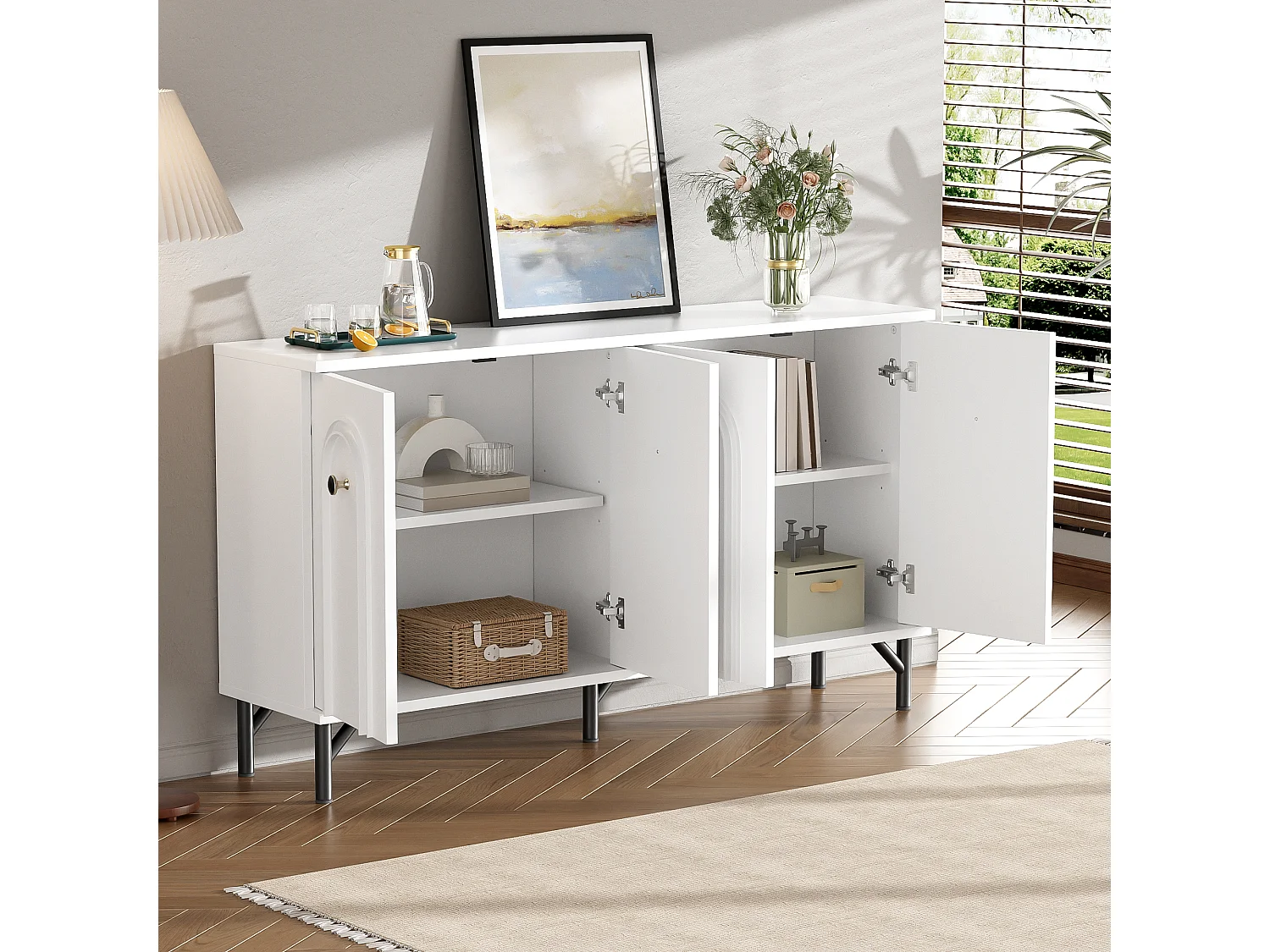 Buffet 4 porte panneau bois design 3D rangement salon salle à manger blanc 140x34x78 cm