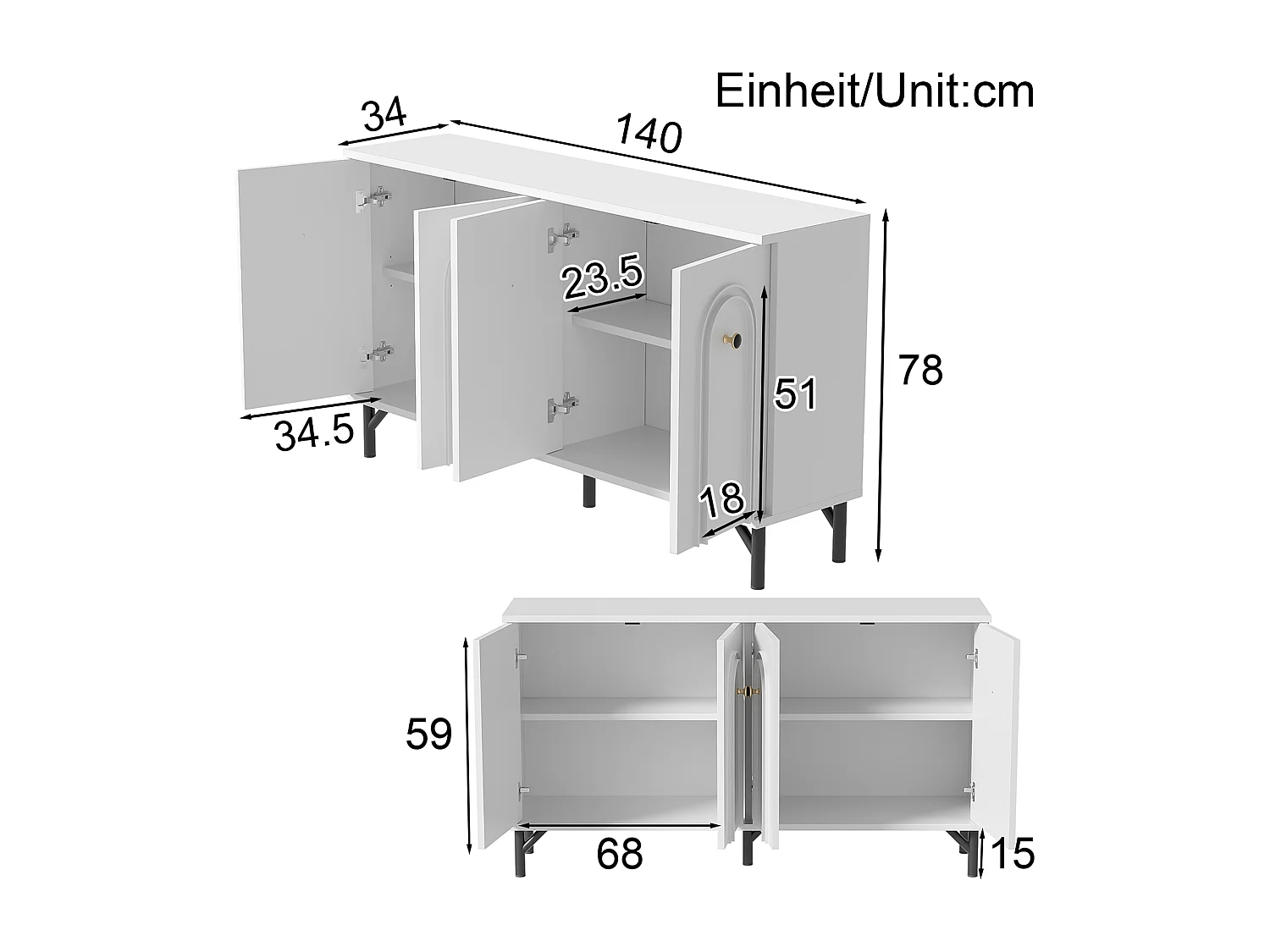 Aparador de 4 portas com painel de madeira de design 3D, armazenamento para sala de estar, sala de jantar, branco, 140x34x78 cm